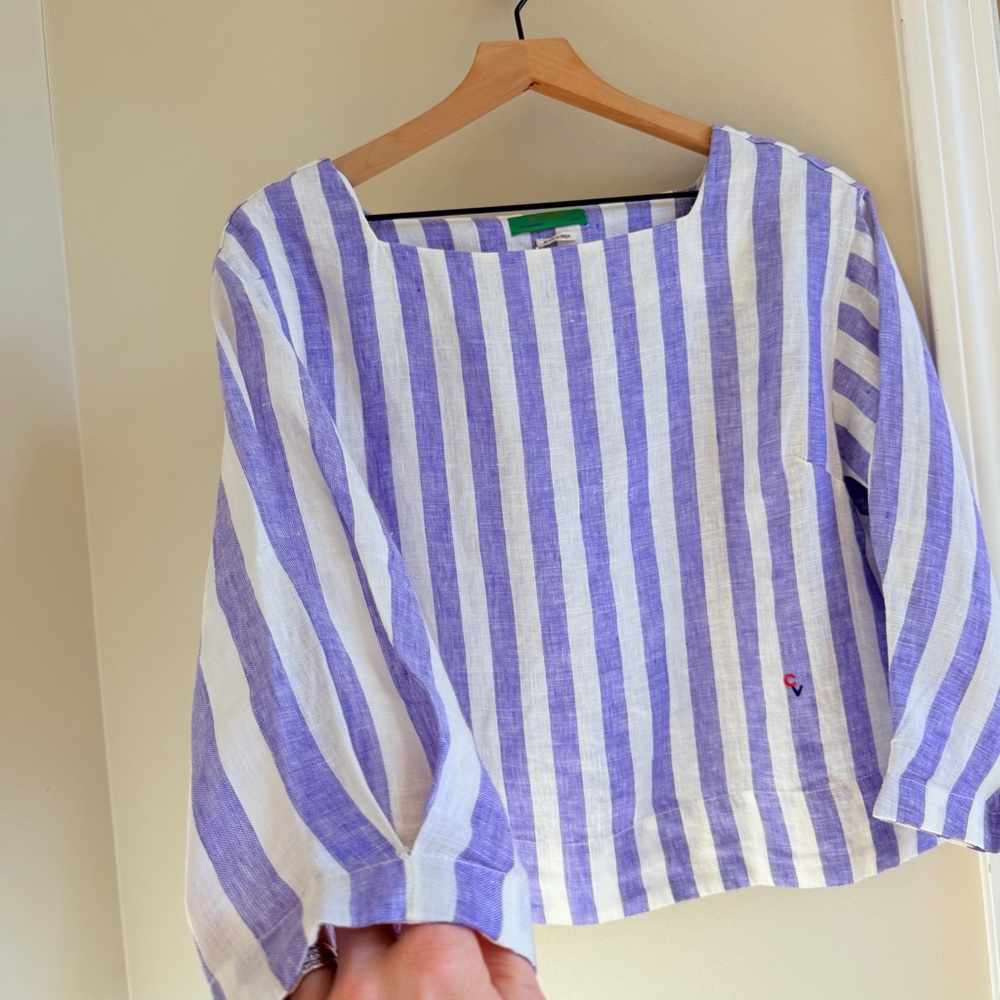 Clare V Célia Blouse - Purple &
White Linen Stripe / XS like new original $215 - Picture 5 of 10